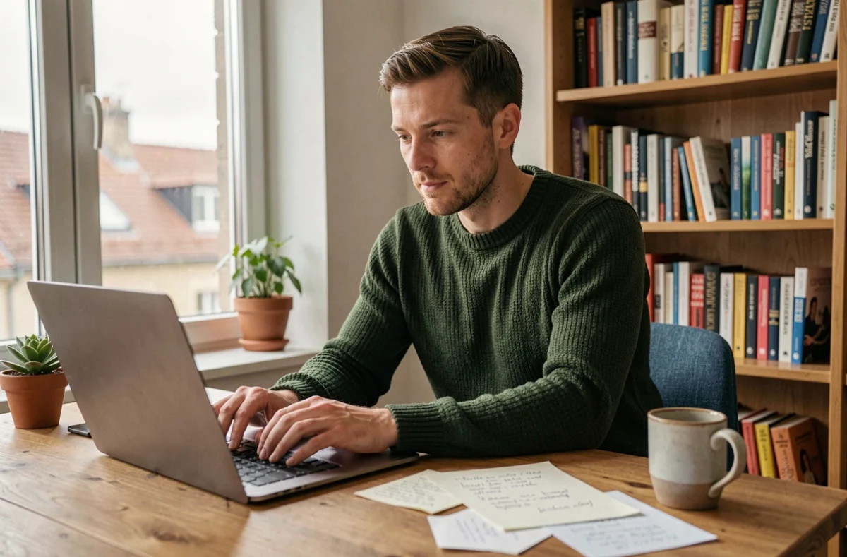 Freelance en portage salarial travaillant depuis son bureau à domicile avec autonomie
