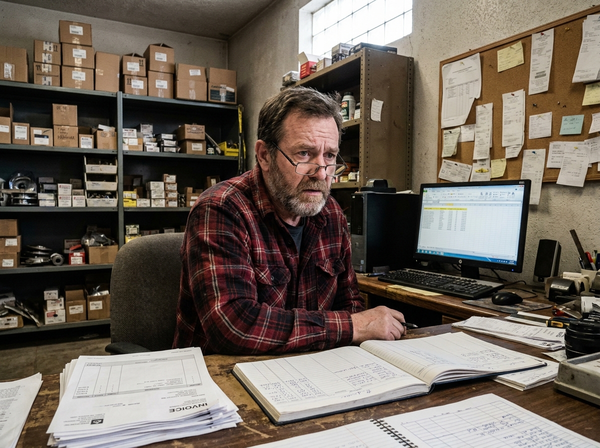 Gérant d'une quincaillerie de quartier analysant ses factures et carnets de ventes dans son arrière-boutique