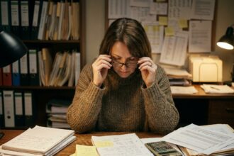 Bénévole d'association gérant des papiers administratifs sur un bureau encombré sans outil numérique adapté