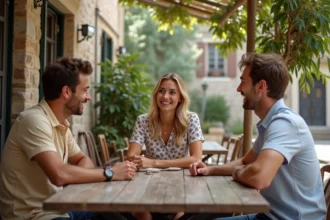 Jeunes adultes discutant dans un café corse en plein air