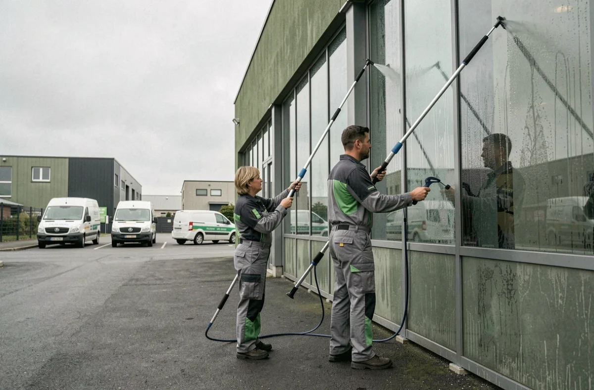 Agents du Groupe Lustral nettoyant une façade vitrée d'immeuble commercial à Woippy près de Metz
