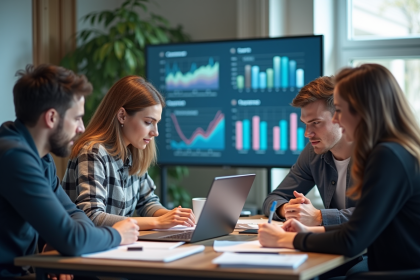 Groupe de jeunes professionnels en brainstorming dans un bureau moderne