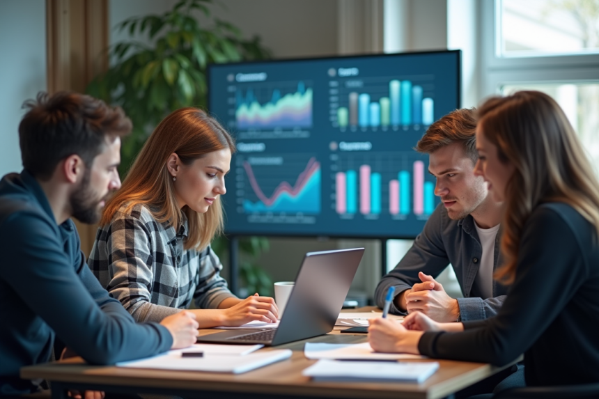 Groupe de jeunes professionnels en brainstorming dans un bureau moderne