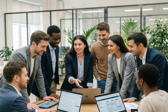 Groupe de jeunes professionnels en réunion dans un bureau moderne