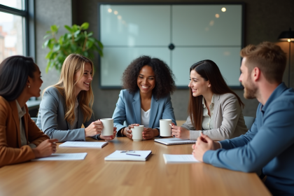 Groupe de jeunes professionnels souriants en réunion