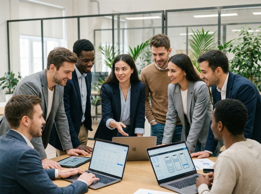 Groupe de jeunes professionnels en réunion dans un bureau moderne