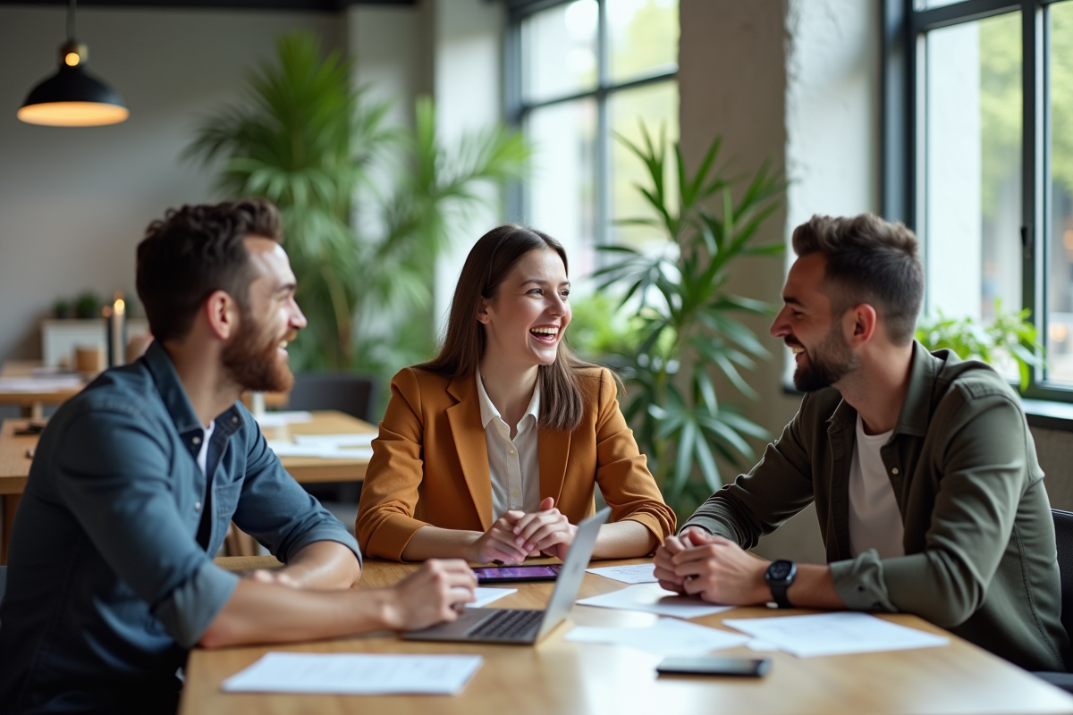 Groupe de collègues discutant dans un espace de coworking lumineux
