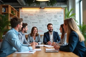 Groupe d'office workers rieurs autour d'un tableau blanc