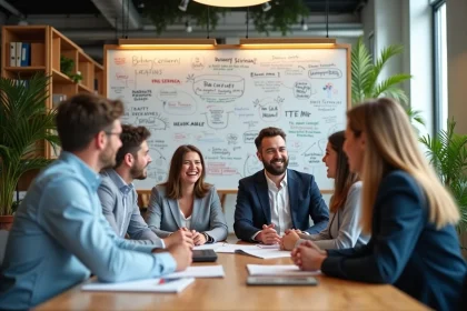 Groupe d'office workers rieurs autour d'un tableau blanc