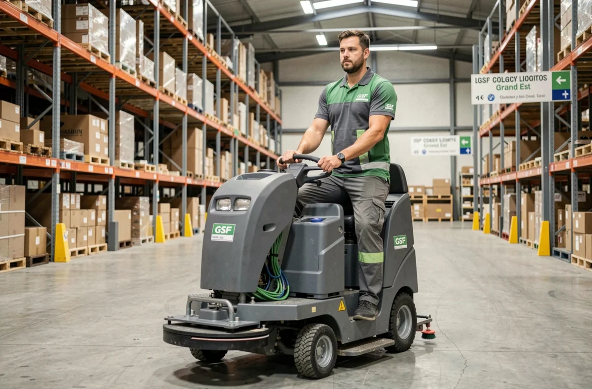 Opérateur GSF Grand Est pilotant une autolaveuse dans l'allée d'un grand entrepôt logistique régional