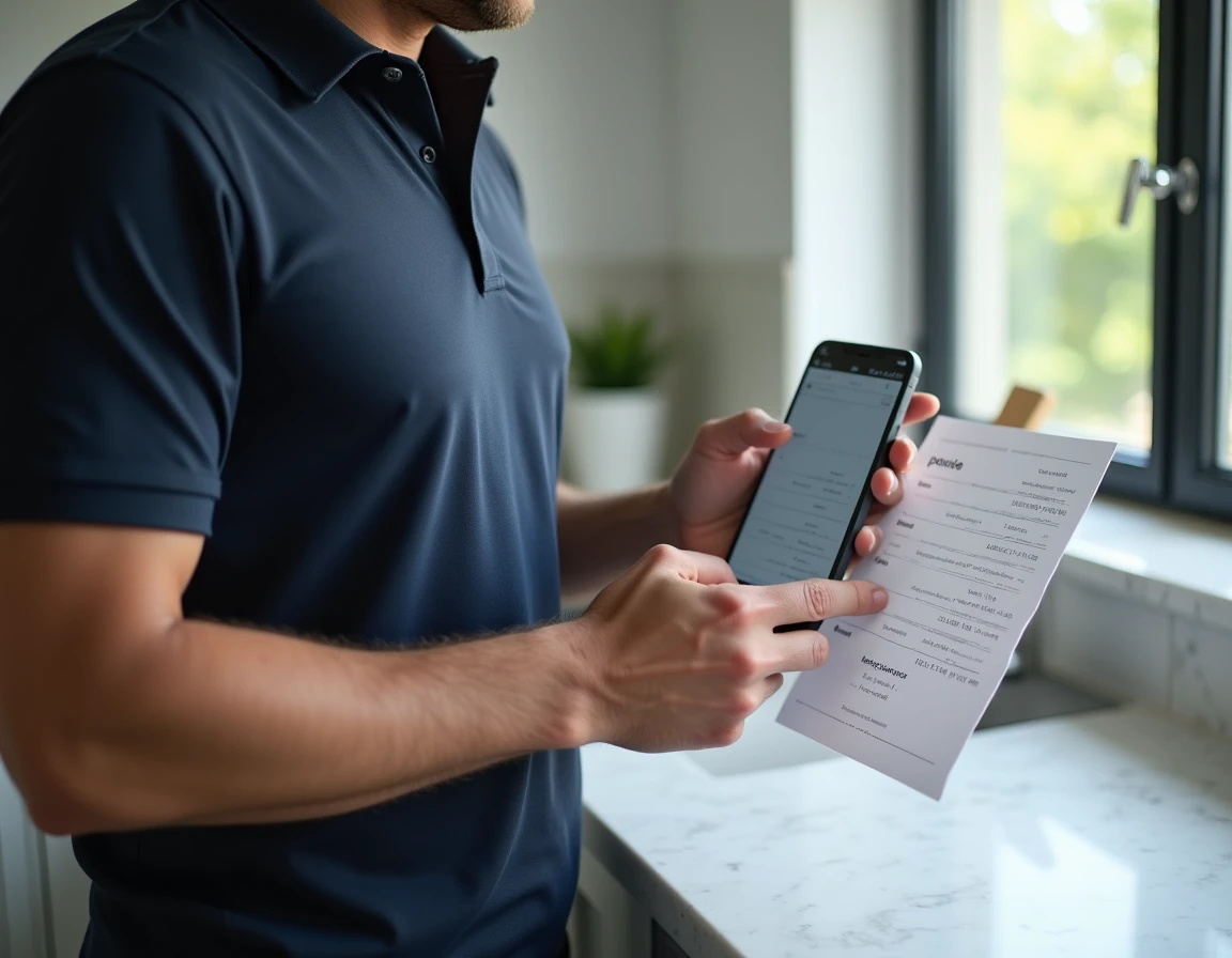 Homme consultant une table de conversion pouces centimètres sur smartphone dans une cuisine moderne