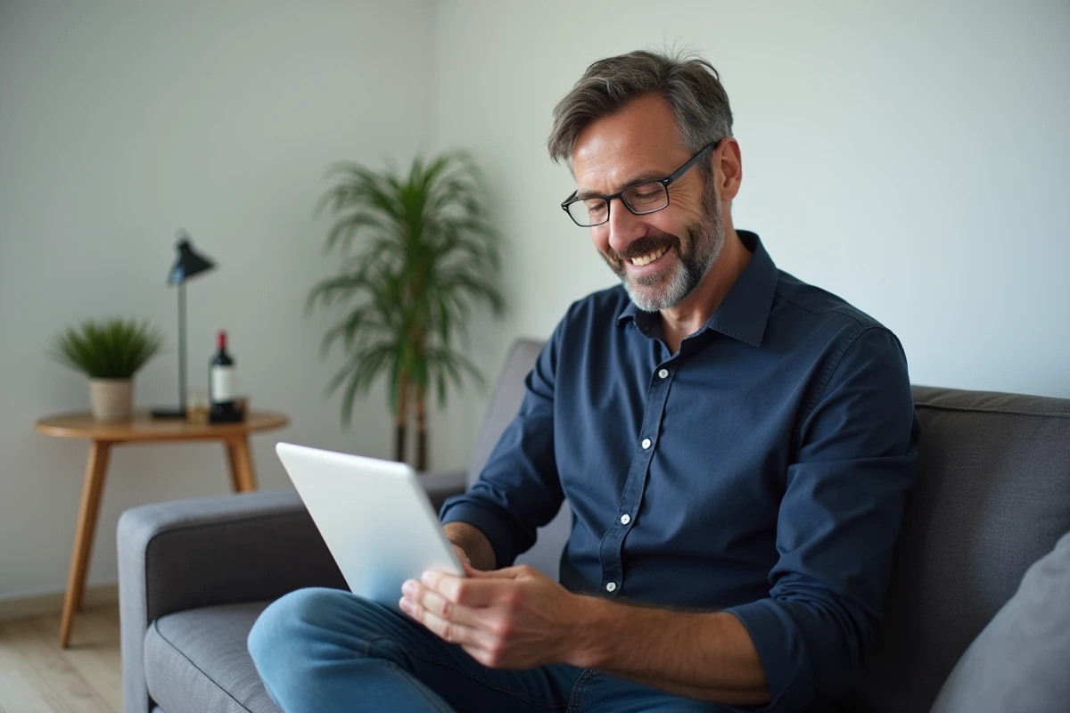 Homme accédant à son espace personnel MyPeopleDoc sur tablette depuis son salon