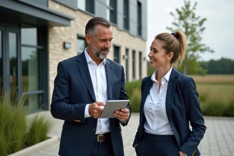 Homme d'affaires en costume navy extérieur près d'un bâtiment