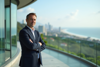 Homme d affaires en costume sur une terrasse en bord de mer