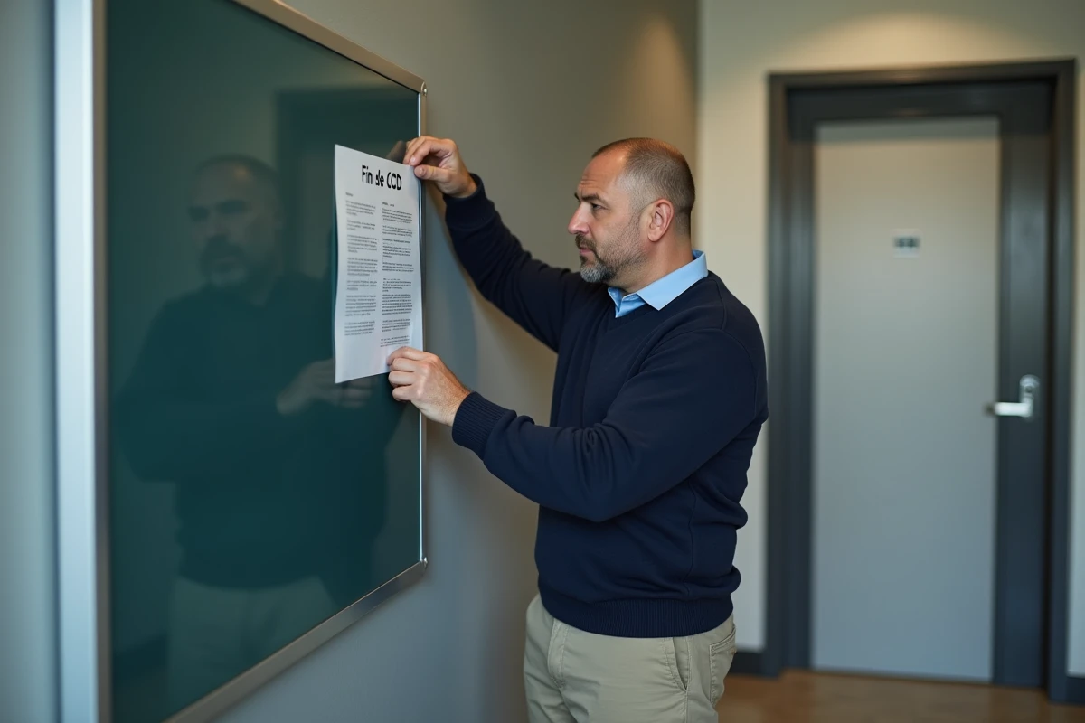 Homme épinglant un mémo officiel sur un panneau d
