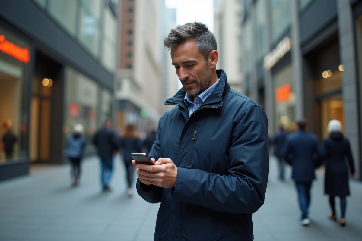 Homme en ville consultant une application de transfert de fonds international sur son smartphone