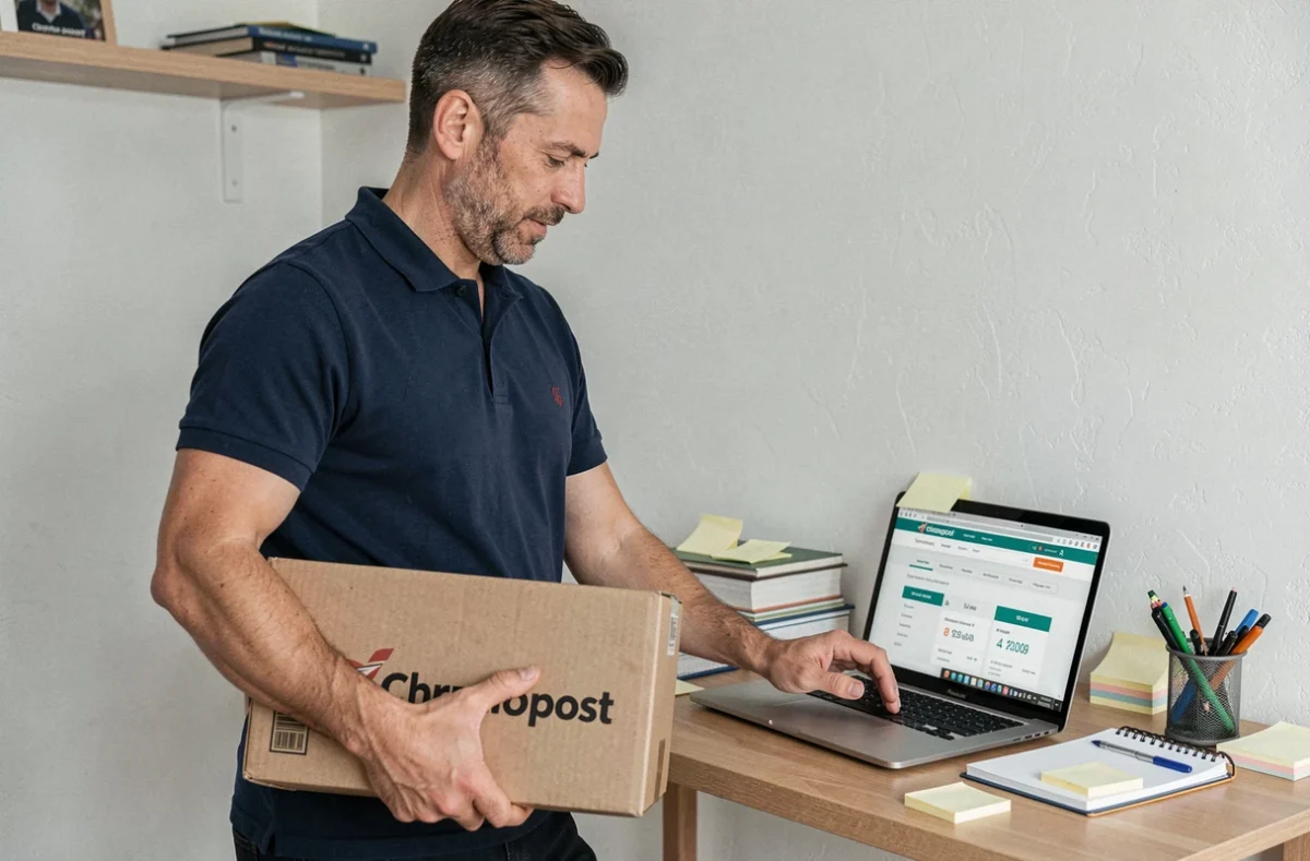 Homme en bureau à domicile comparant des offres d'économies en ligne tout en réceptionnant un colis Chronopost