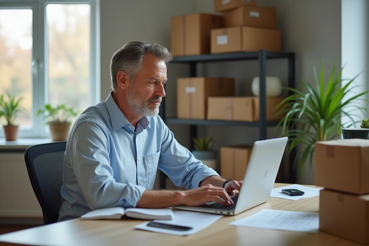 Homme dans son bureau préparant des colis