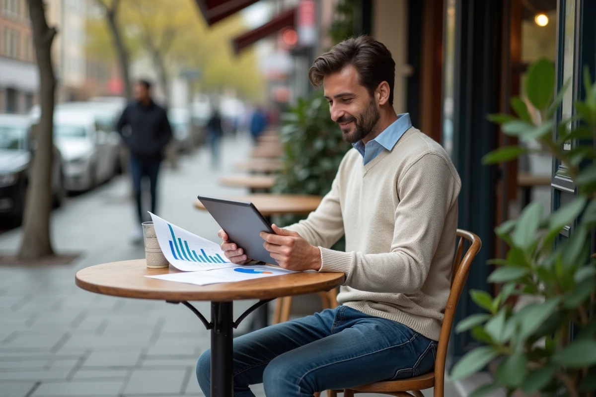 Homme en extérieur analysant des graphiques sur une tablette