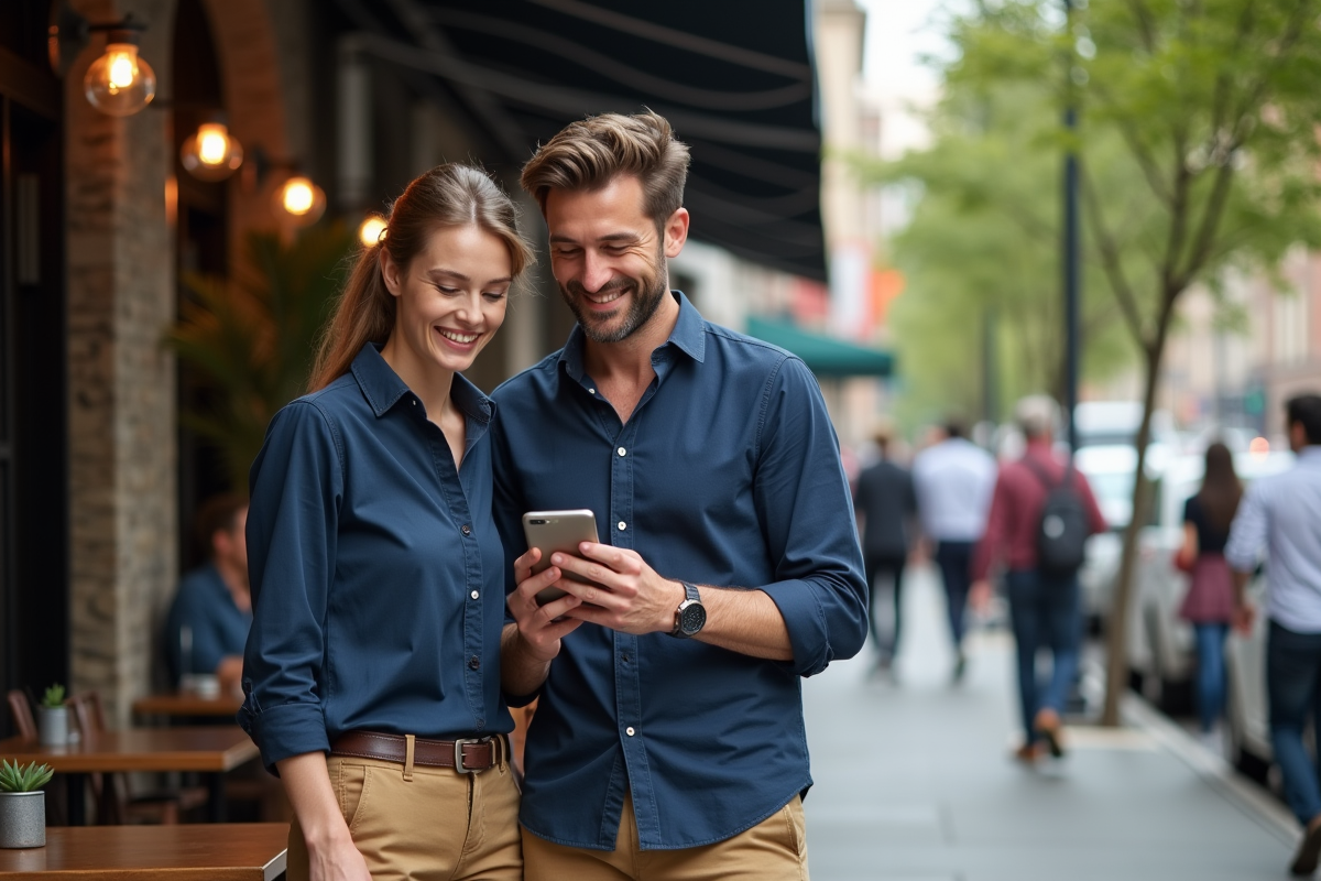 Homme montrant une publication Instagram à un ami dans un café en ville