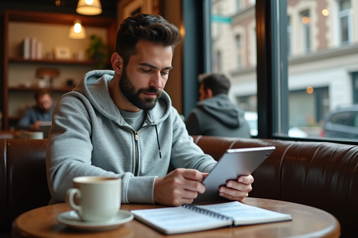 Homme étudiant des conseils business en ligne dans un café, prenant des notes pour lancer un side business