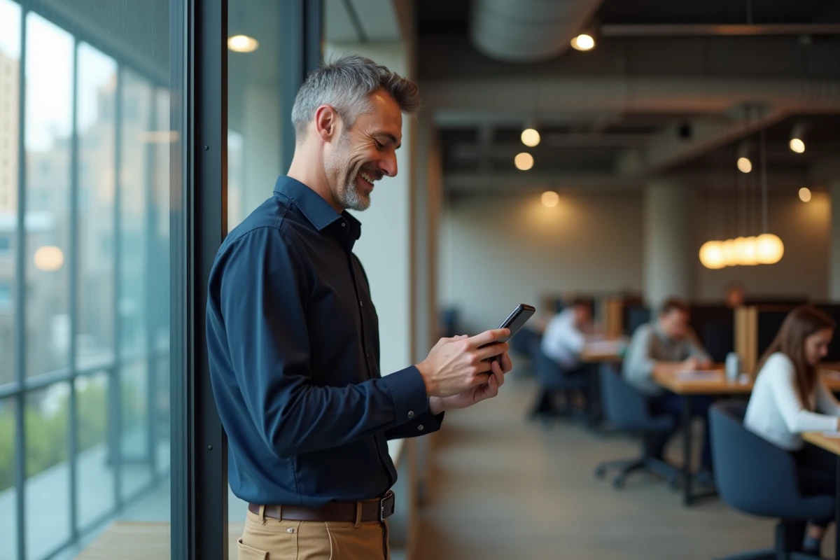 Homme consultant son smartphone dans un espace de coworking moderne, symbolisant la réflexion vers la création d'entreprise et l'entrepreneuriat