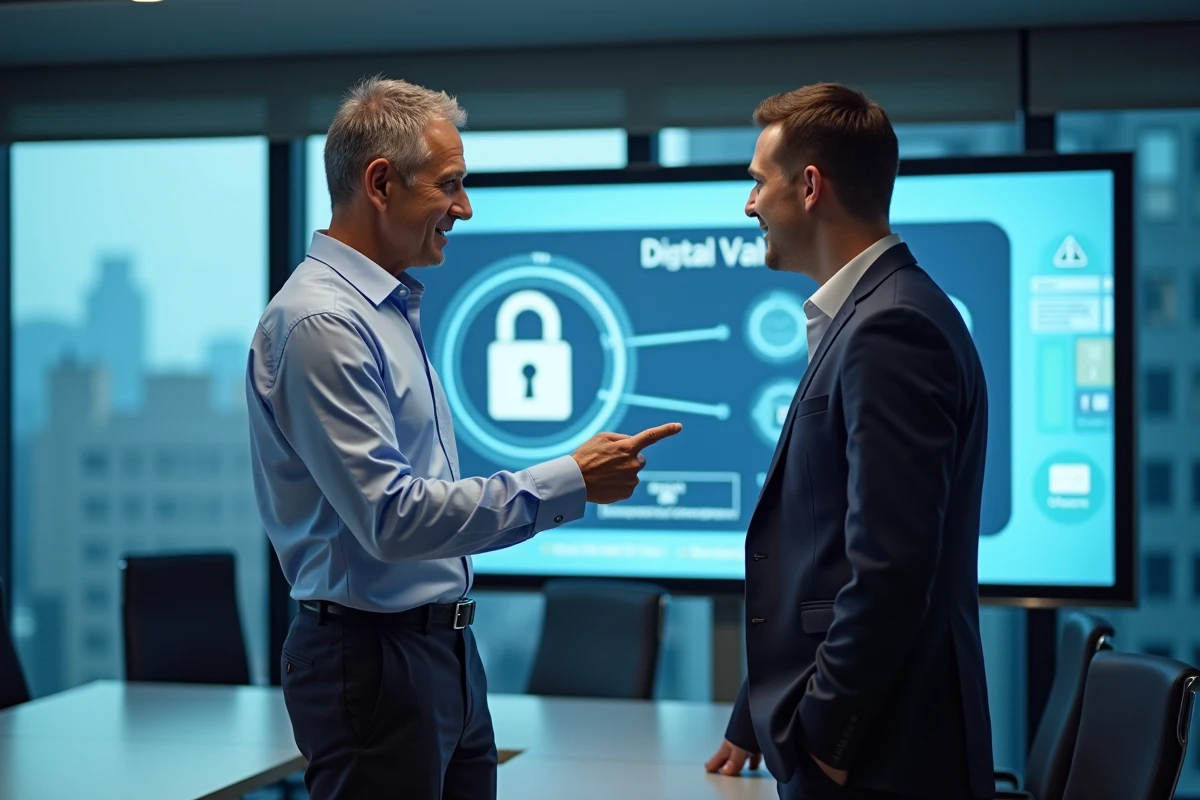 Homme montrant interface digitale à collègue en réunion