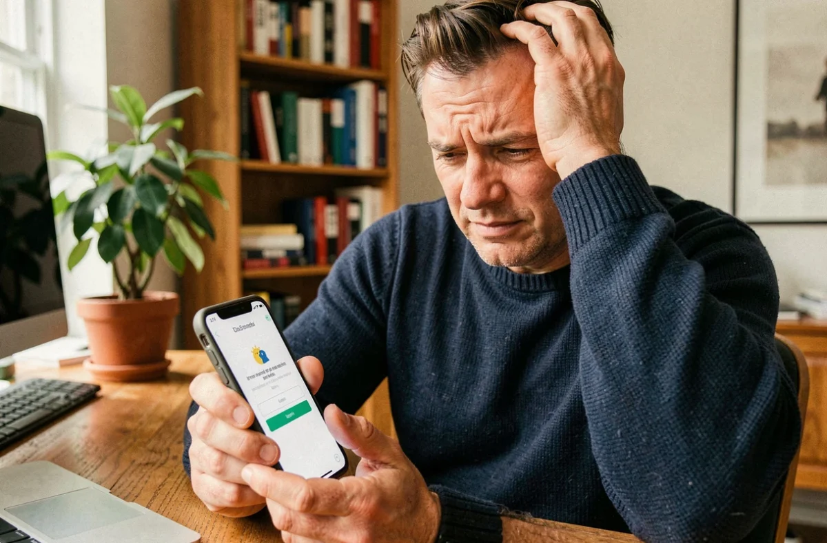 Homme à domicile tenant un smartphone affichant une erreur de connexion sur My Arkevia, incapable de consulter ses fiches de paie dématérialisées