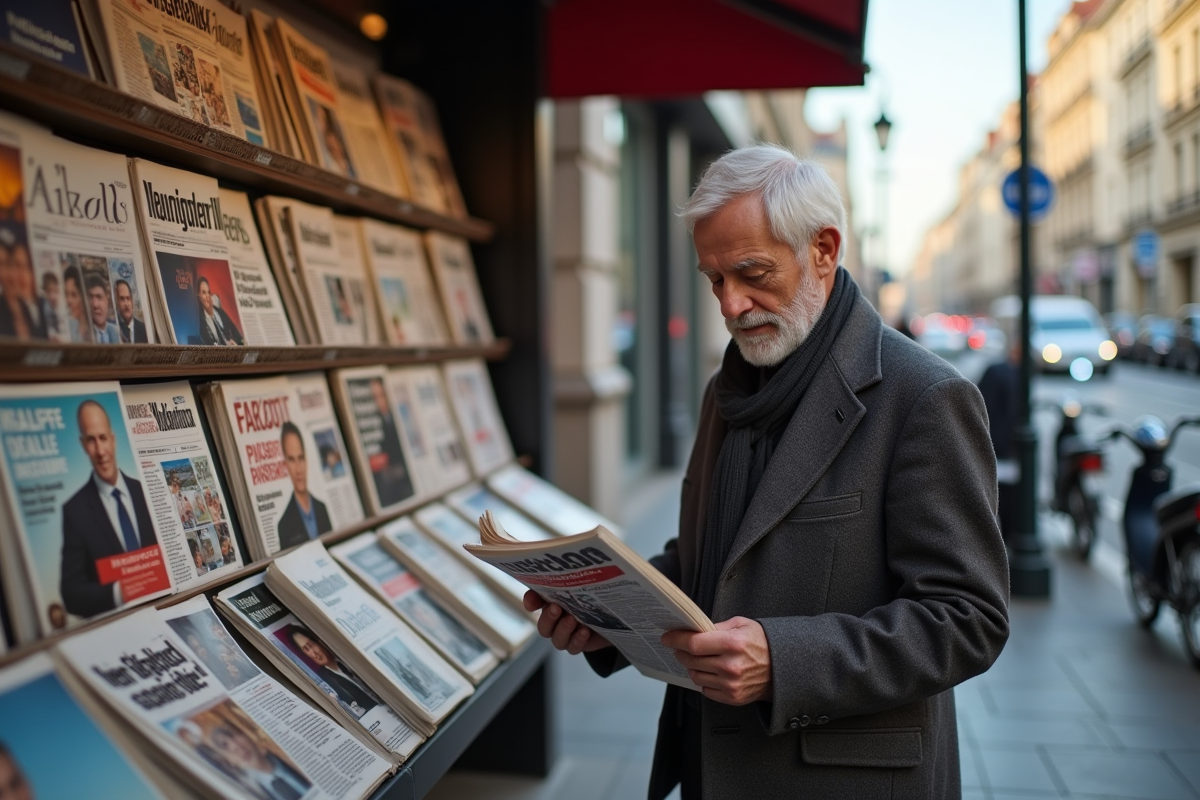 Homme âgé regardant des magazines dans la rue urbaine