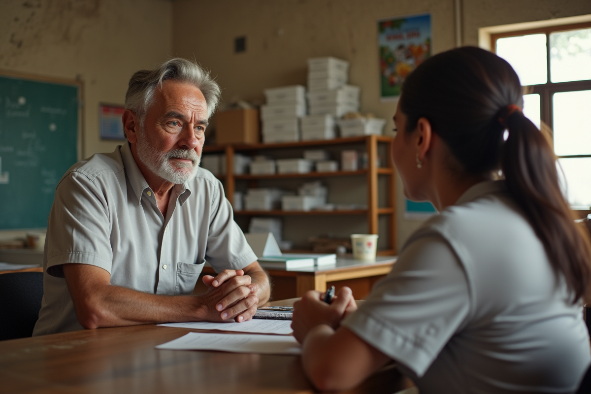 Homme humanitaire discutant avec une femme dans un centre communautaire