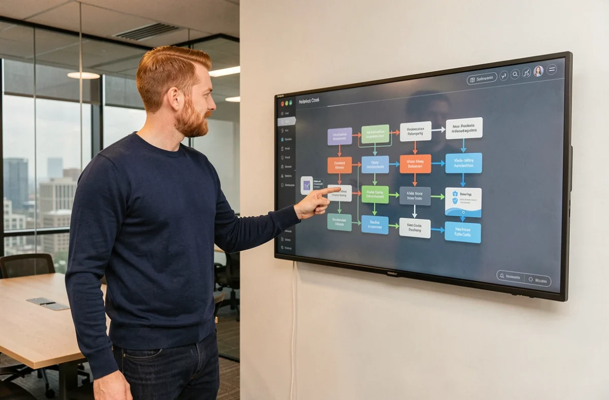 Homme en startup présentant une interface no-code d'automatisation de processus sur un grand écran tactile mural