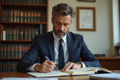 Homme d'affaires lisant le Code du travail dans son bureau