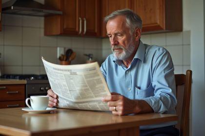 Homme d'âge moyen lisant la presse dans la cuisine
