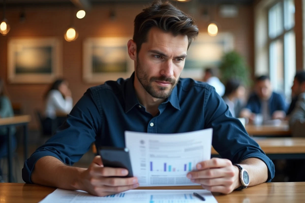 Homme consultant ses revenus d'affiliation Conversant sur smartphone et notes papier dans un espace de coworking