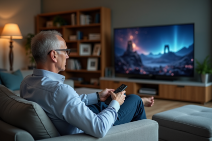 Homme d'âge moyen regardant la télévision dans un salon