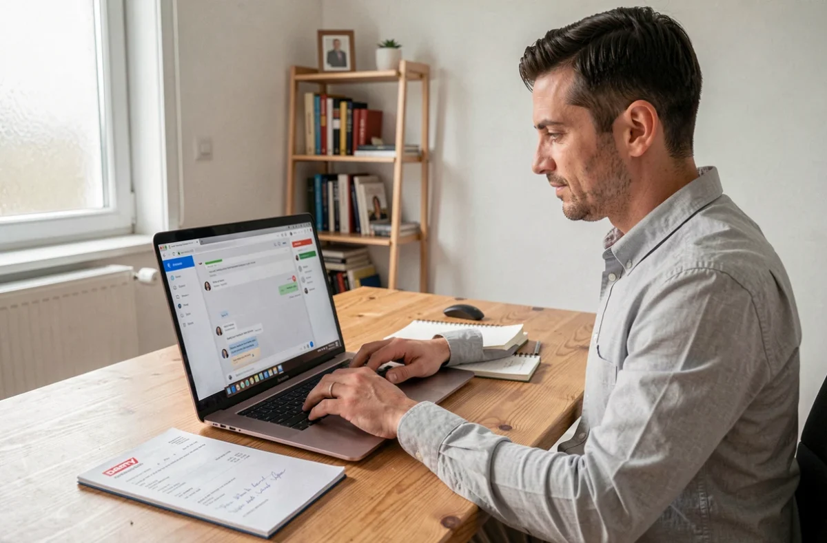 Homme utilisant le service client en ligne Darty depuis son bureau à domicile