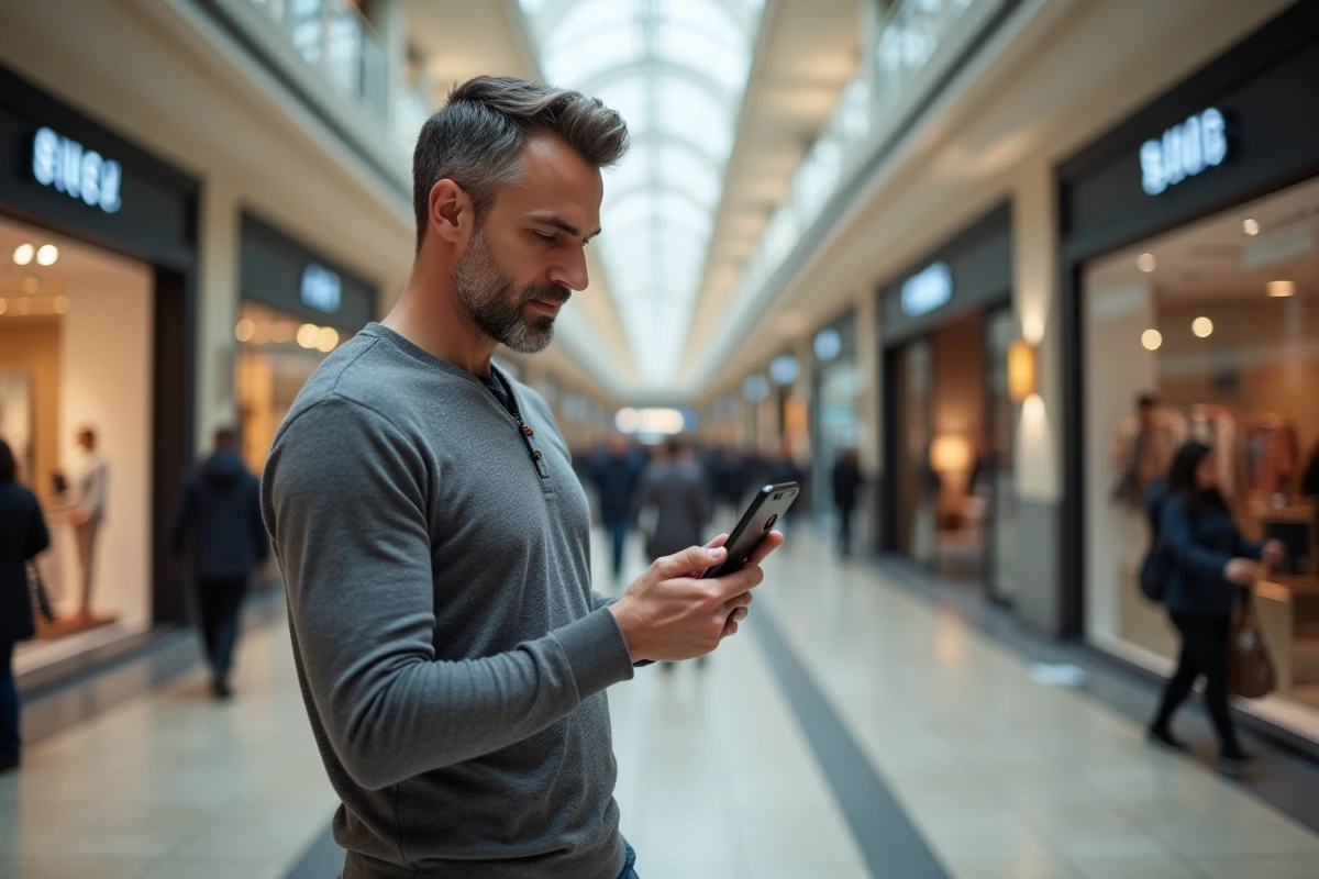 Homme consultant un annuaire de marques françaises sur son smartphone dans un centre commercial