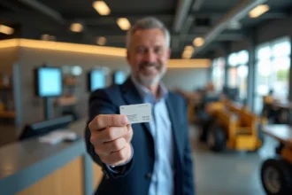Homme souriant avec carte de fidelite dans un comptoir moderne