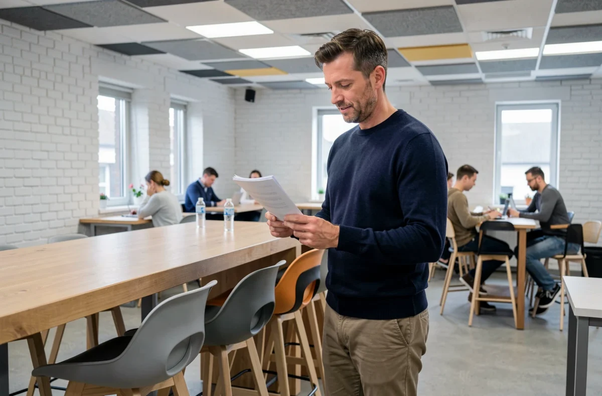 Homme debout à une table communale dans un espace de coworking à Saint-Herblain consultant des documents professionnels