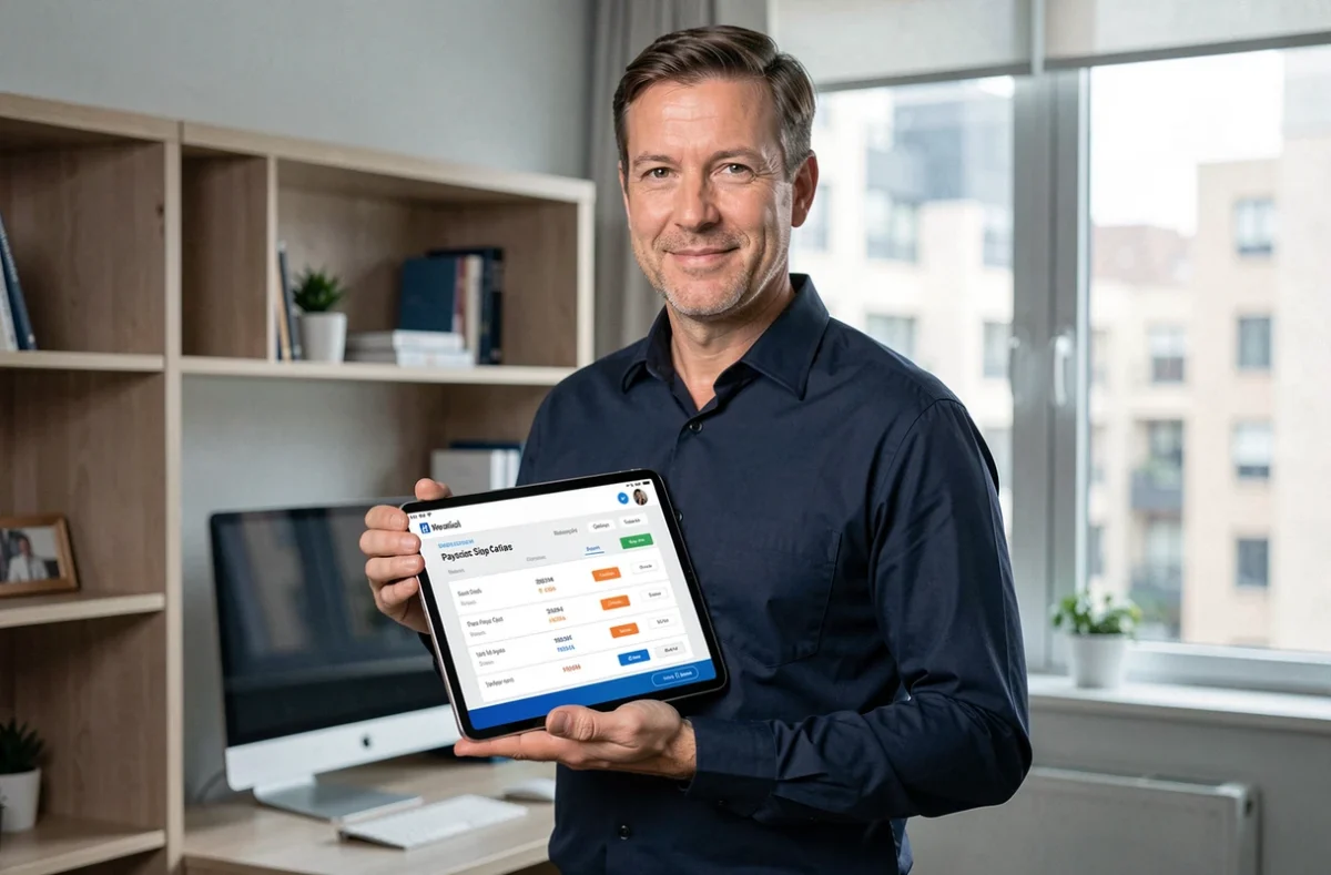 Homme tenant une tablette affichant une interface d'archivage de fiches de paie numériques depuis son bureau à domicile