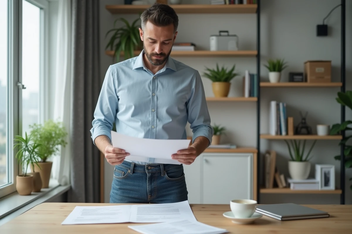 Homme en espace de travail examinant des documents officiels