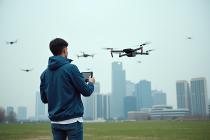 Jeune ingénieur avec drone dans un parc urbain
