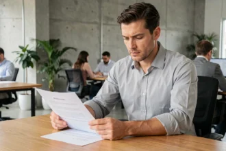 Ingénieur en portage salarial examinant un contrat dans un bureau moderne
