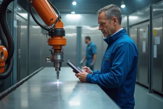 Ingénieur en usine manipulant un bras robotique appliquant un revetement metallique