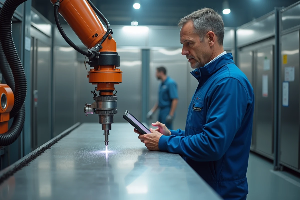 Ingénieur en usine manipulant un bras robotique appliquant un revetement metallique