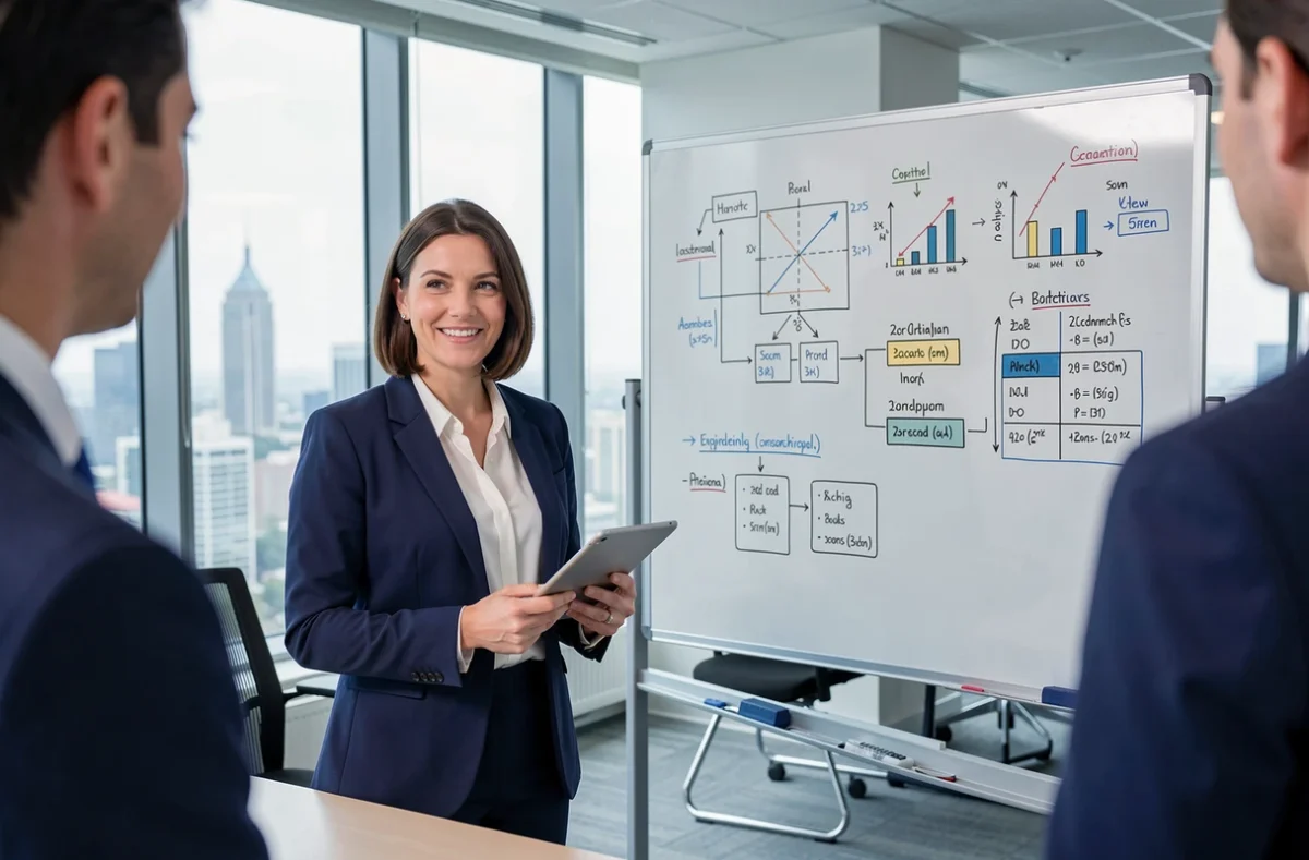 Ingénieure indépendante en portage salarial présentant un projet technique en salle de réunion