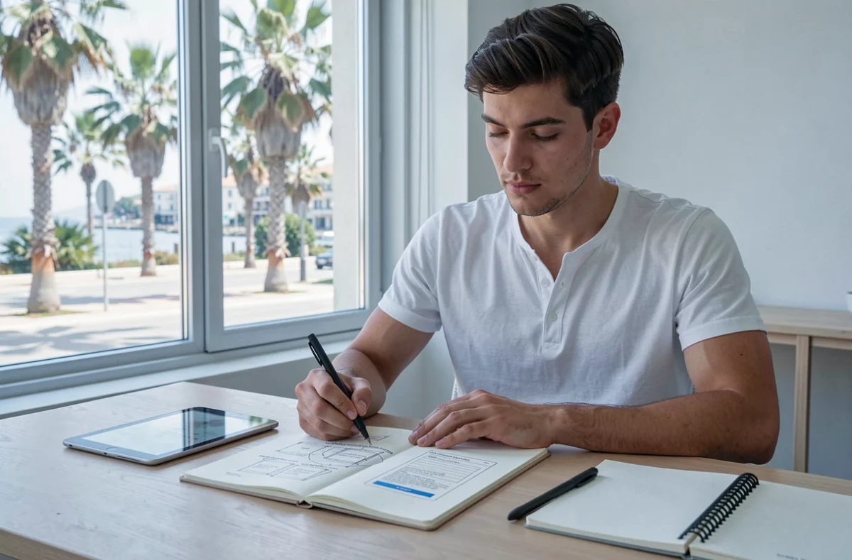 Designer UX masculin jeune esquissant des wireframes d'interface web dans un studio minimaliste ensoleillé à Nice avec vue sur une promenade bordée de palmiers