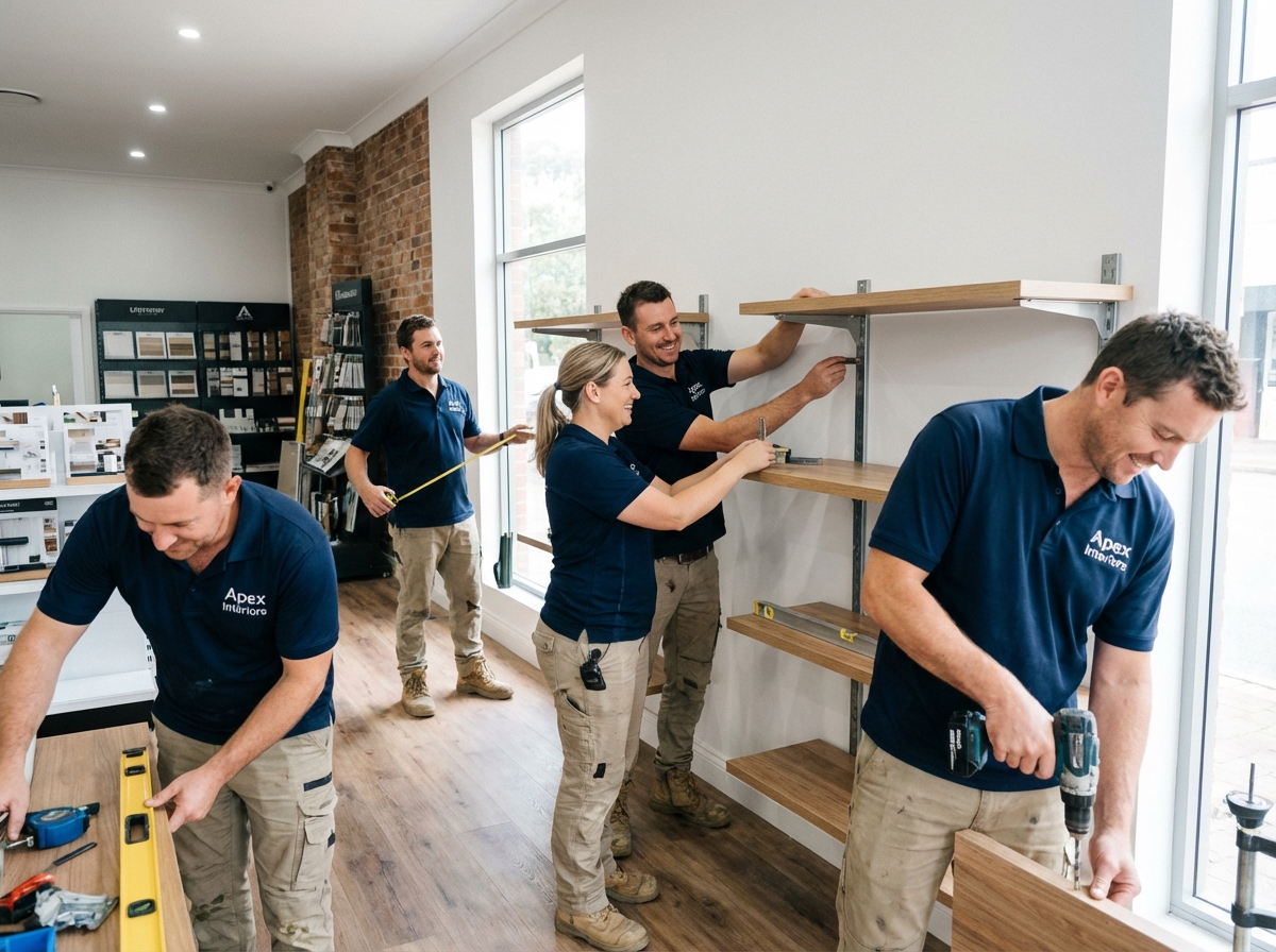 Équipe de travailleurs installant des étagères dans un magasin