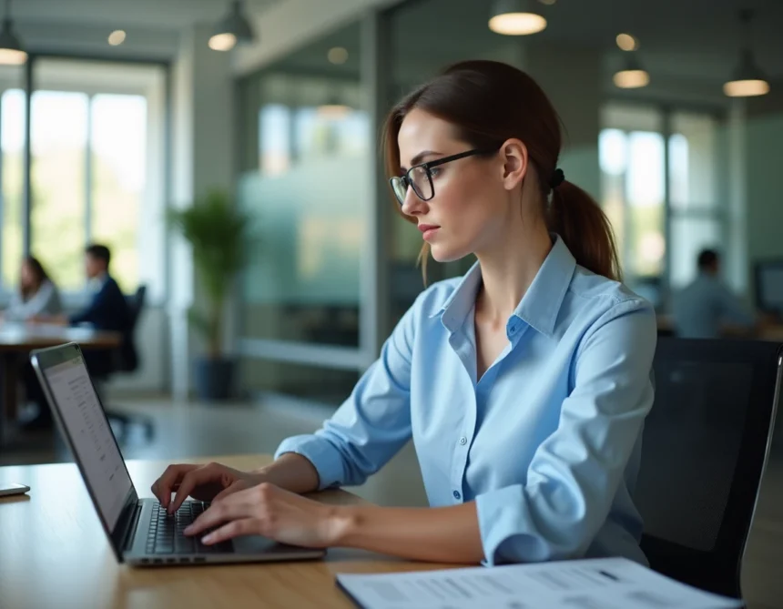 Intérimaire consultant son espace MyPeopleDoc sur ordinateur portable dans un bureau moderne