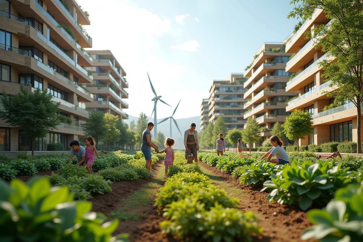 Jardin communautaire dans un immeuble durable avec familles
